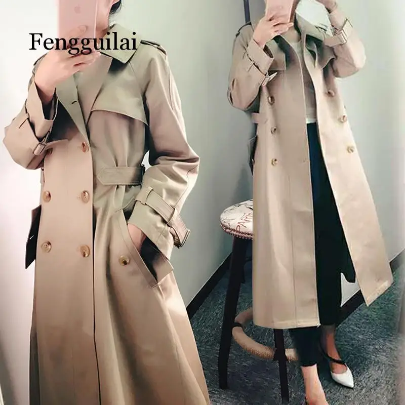 

2019 New Fashion Spring Autumn Korean OL Double-breasted Khaki thin slim Waist Dress Long Trench Coat Women Overcoat