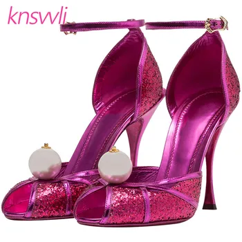 

New Big Pearl High Heel Sandals Women Rose Red Sequins Gladiator Sandals Ladies Bling Wedding Party Shoes Woman Zapatos De Mujer