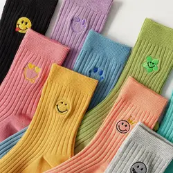 2022 Spring Socks Women'S Smiley Embroidery Cute Breathable Woman Socks Cotton Solid 10 Colors Long Socks For Fashion Lady