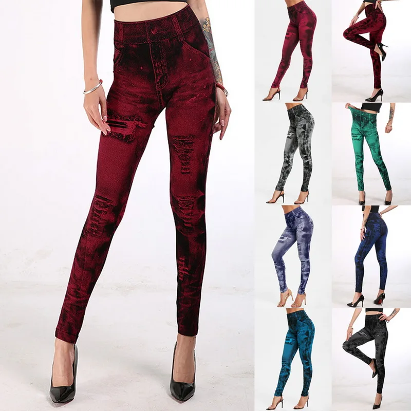 

Sfit Women Gym Leggings Faux Denim Jeans Leggings Pocket Printing Leggings Casual High Waist Pencil Pants Yoga Pants 8 Colors