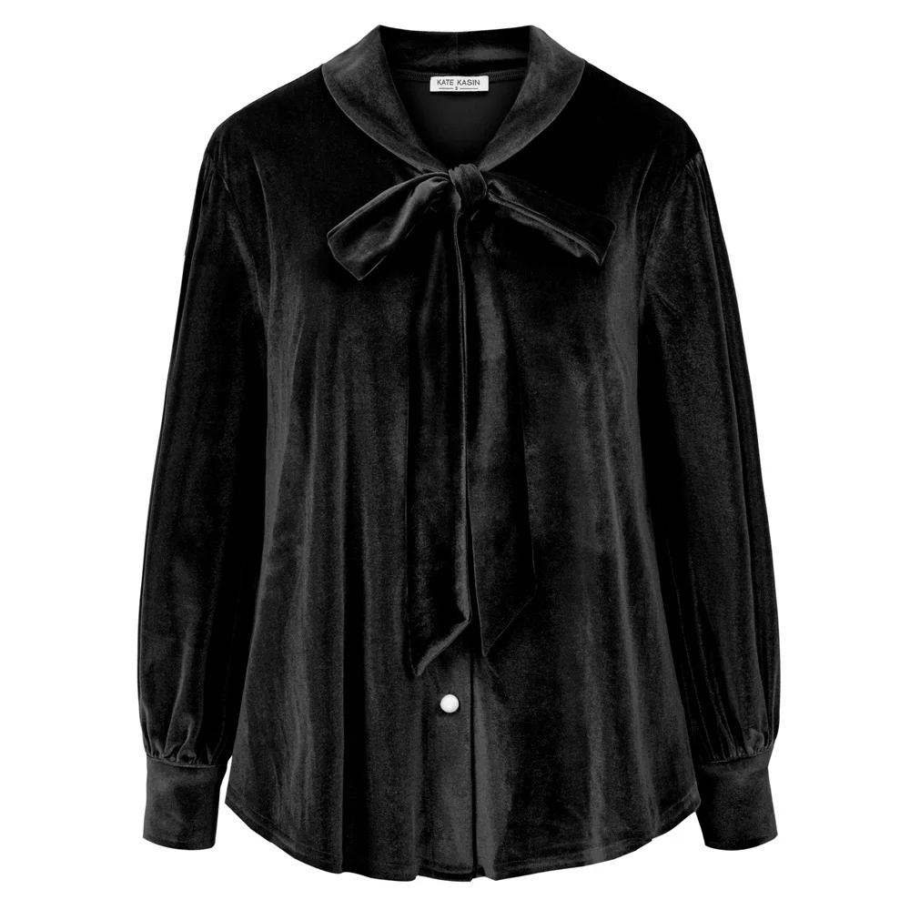 

black Women Tie-Neck blouse Velvet Shirt Tops Button Placket Long Sleeve Loose Fit pure color elegant vintage retro shirt ladies