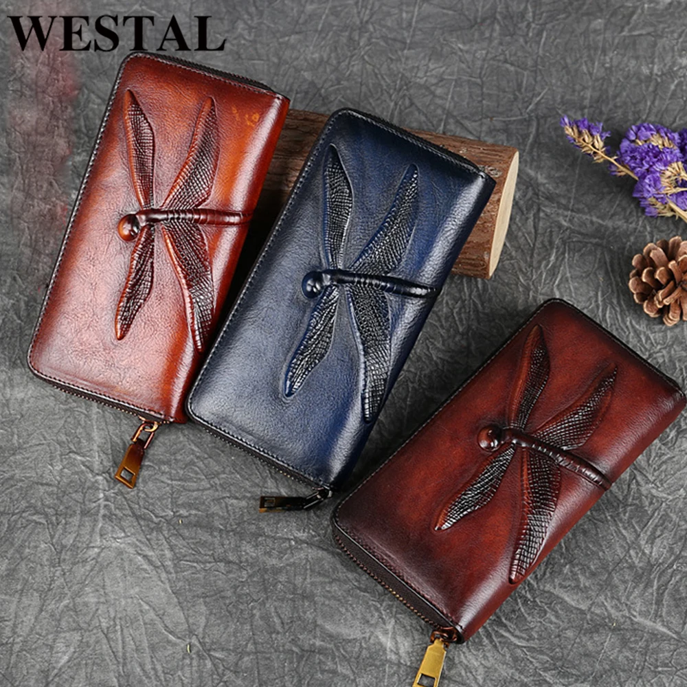 

WESTAL 100% Cowhide Leather Women Wallet and Purses for Phone Vintage Embroidered Wallet Long Women's Wallets for Card Money Bag