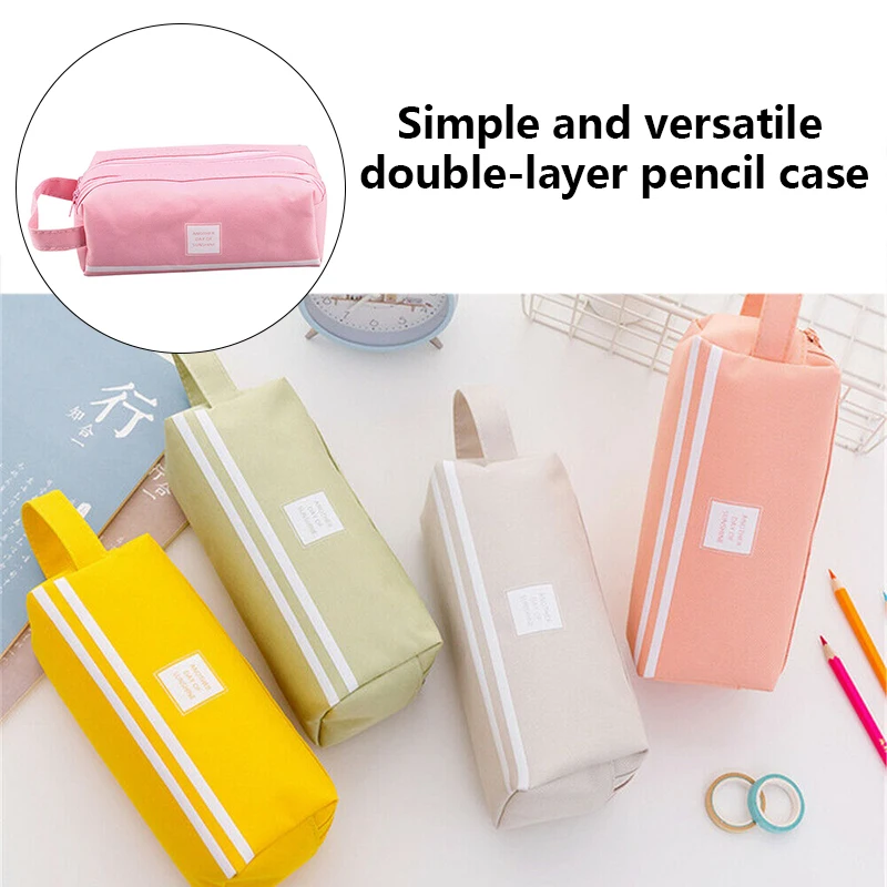 

New Hight Capacity Pencil Bag Multi-function Double-layer Pencil Case Pen Box Kids Girls Solid Color School Supplies Stationery