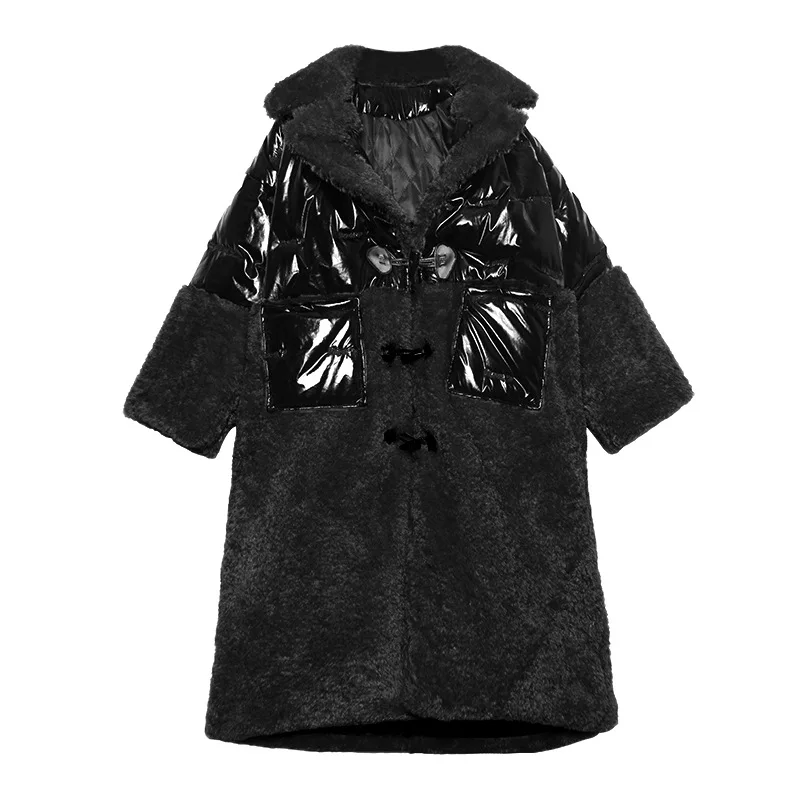 Модное кожаное пальто из овечьей шерсти, высококачественное Женское пальто с роговой пряжкой, кашемировая Меховая куртка из овечьей шерсти, женское плотное теплое пальто - Цвет: black