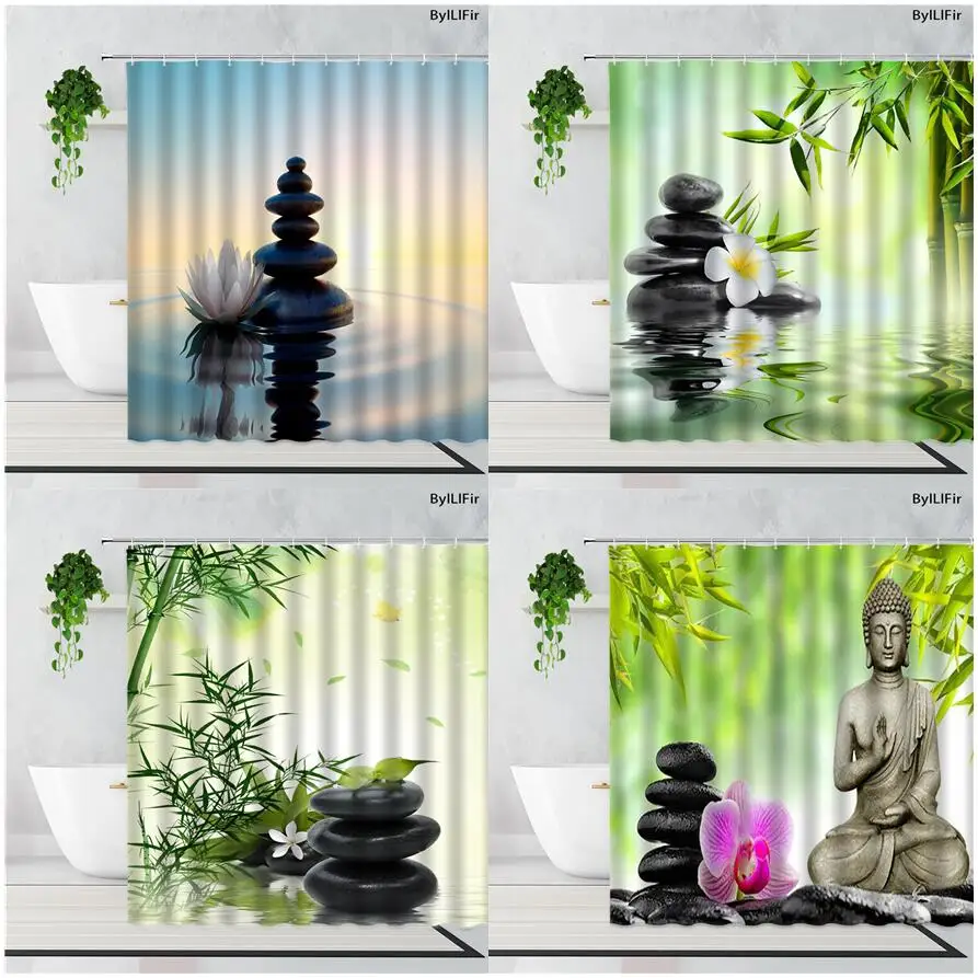 Luxury Fabric Shower Curtain Zen Bamboo Orchid Black Stone Bathroom With Hooks 