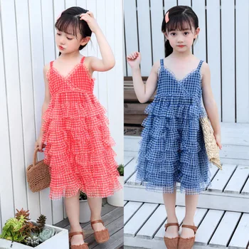 

Summer Linen Dress Breathable Slip Dress Absorb Sweat Plaid Patterns Layered Dress Hollow Casual Bubble Coat Baby Girl Clothes