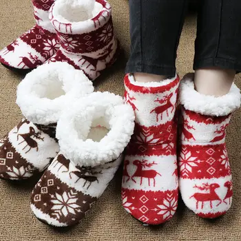 

Winter Floor Shoes Woman Hoouse Slippers Christmas Elk Indoor Socks Shoes Warm Fur Contton Slipper Plush Insole Anti-Skid Sole