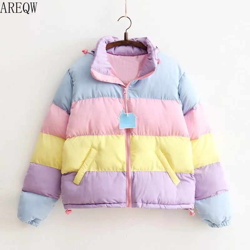 Meilleur Femmes manteau Oversize Harajuku Parkas court rembourré veste chaude décontractée rayé hiver vêtements arc en ciel rayure épissage moelleux Parka