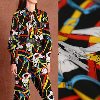 

136CM 16MM Chains Print Stretch Black Silk Crepe De Chine Fabric for Summer Dress Blouse Skirt Shirt Pants DE1280