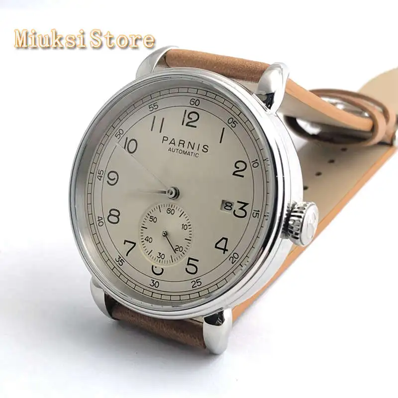 42 мм Топ бренд Parnis мужские новые механические часы серебряный корпус Дата кожа Автоматическая мода подарок часы 2962