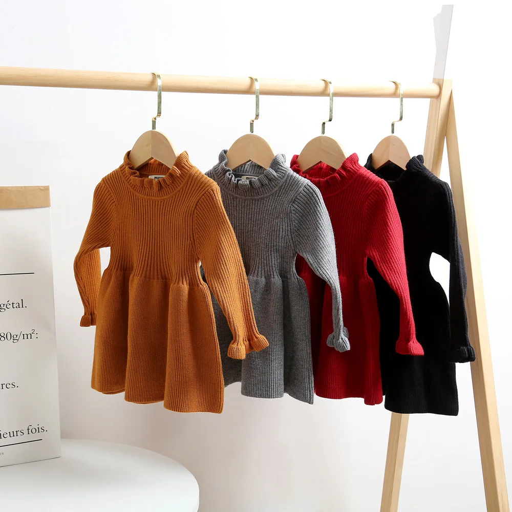 Новые зимние вязаные платья принцессы с рюшами и воротником для маленьких девочек однотонная Детская одежда пуловеры для малышей, свитера, платье