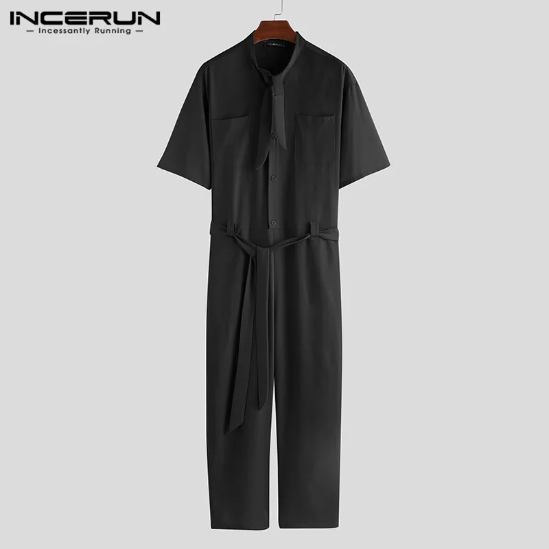 Black INCERUN модный мужской однотонный повседневный комбинезон с коротким рукавом, удобные мешковатые брюки-карго, мужские элегантные комбинезоны, уличные комбинезоны - Цвет: Black
