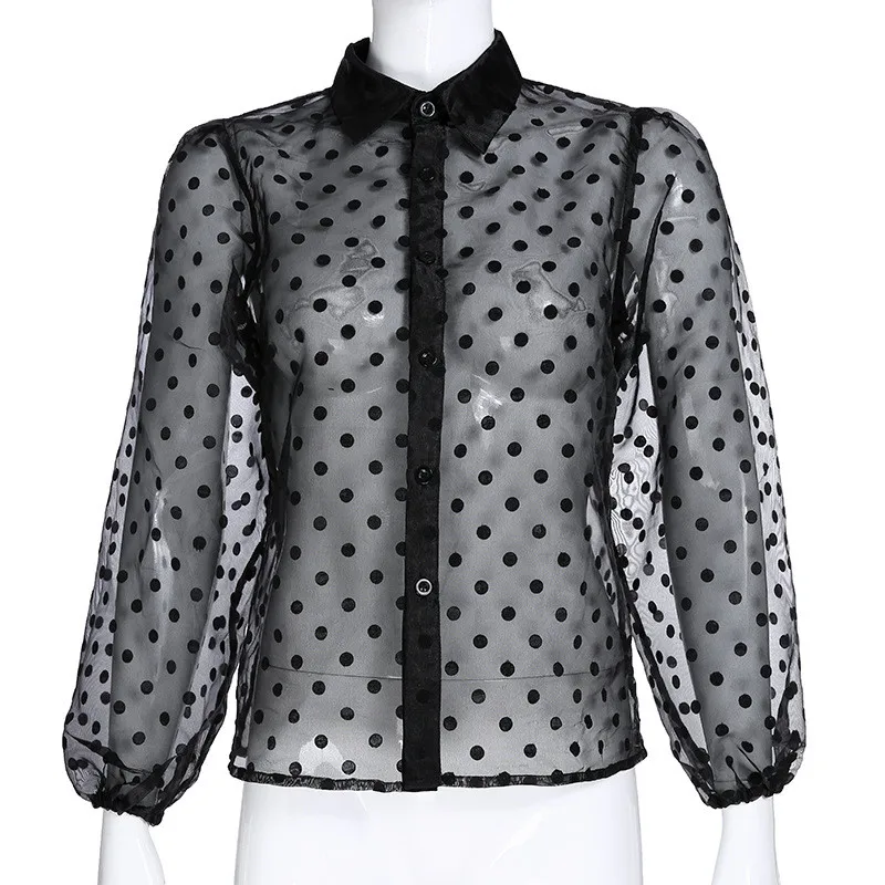 Yuqung женские прозрачные тюлевые топы с рукавами-фонариками блузки рубашка туника женская сетчатая Вуаль в горошек прозрачная блуза из органзы черная
