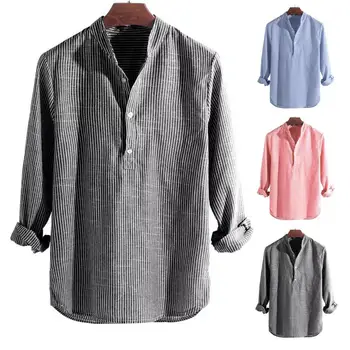Men Collarless Shirt Long Sleeve Striped Stand Collar Casual Shirts Single Breasted Plus Size Shirt 1