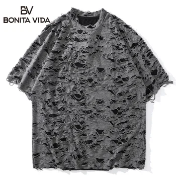 

Bonita Vida Distressed Destroyed Ripped Holes T shirts Men 2020 Summer Streetwear Hip Hop Hipster Punk Rock Gothic Tops Tees