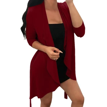 

Fashion Lady Solid Color Long Sleeve Belt Irregular Wind Coat Cardigan Outwear