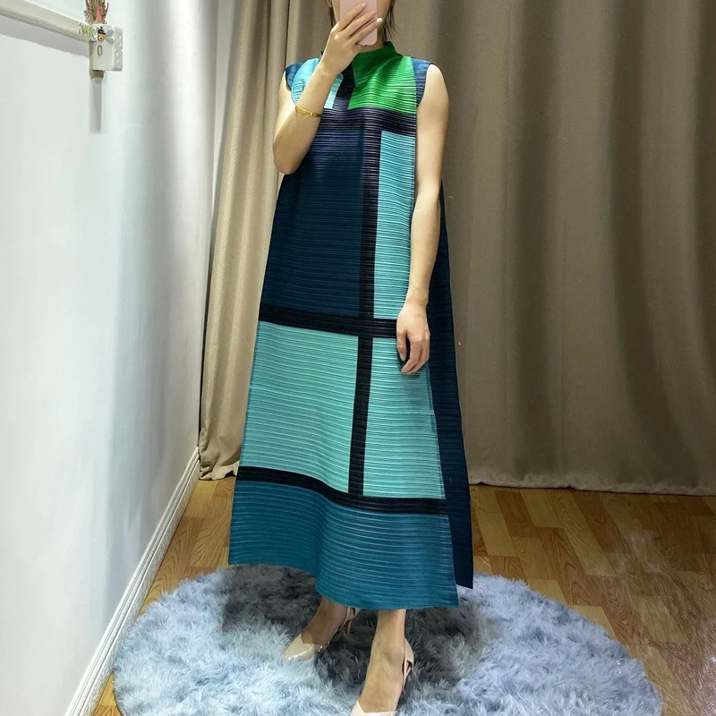 Changpleat летние новые женские платья Miyak плиссированные Модные клетчатые дизайнерские свободные большие размеры стоячий воротник женское платье А-силуэта