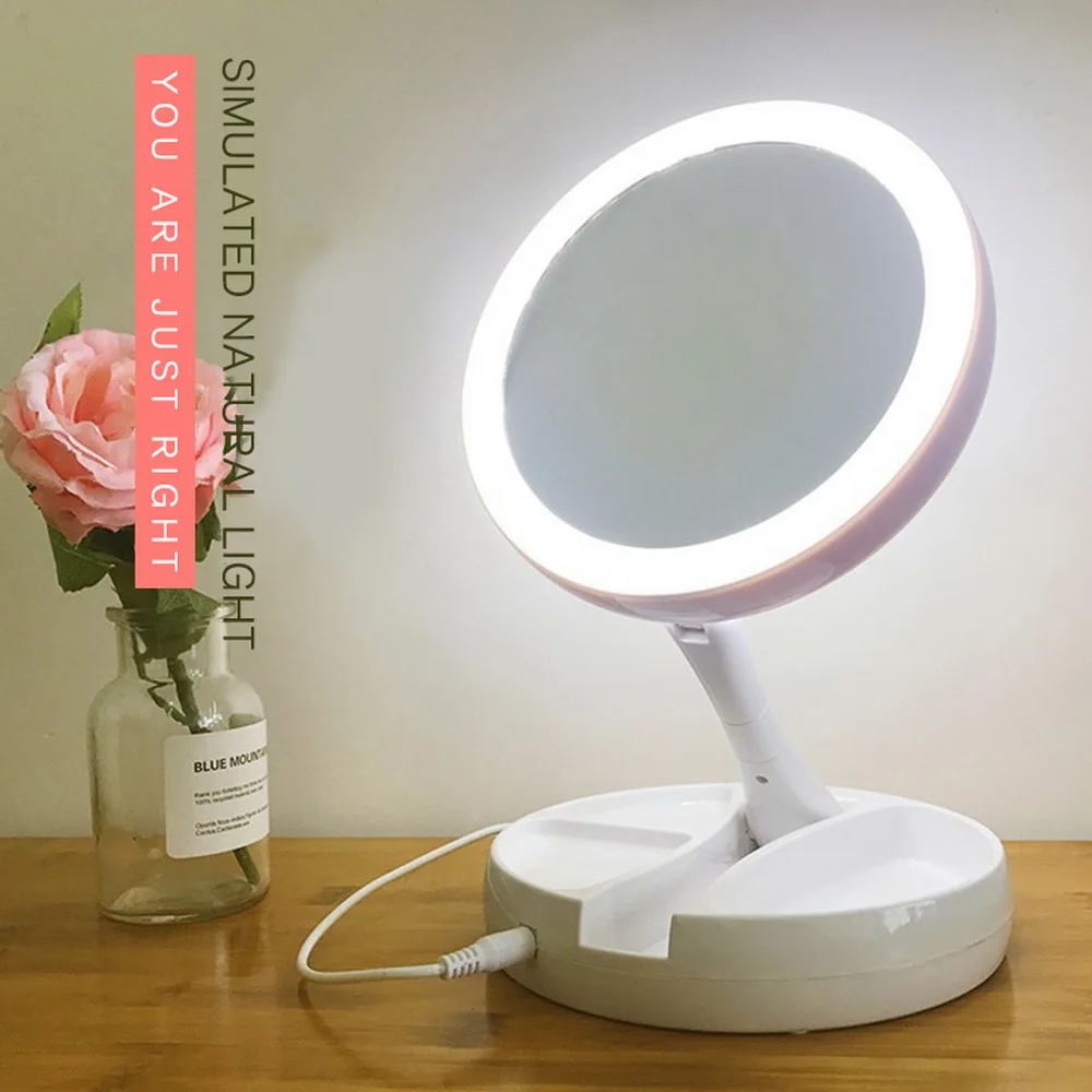 

LED Light Makeup Mirror Round Shape Desktop Vanity Cosmetic 5X/10X Magnifying Mirror Double Sided Backlit Mirrors for Women
