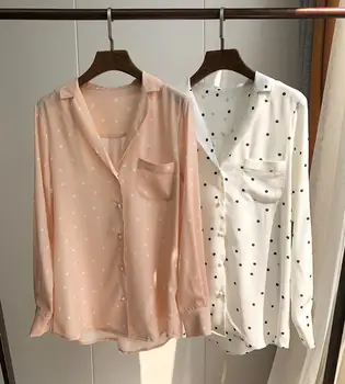 

Women Shirt 100% Silk 18mm Spring New Lady Blouse Jupe Woman Shirts Long Sleeve Vintage Simple Desgin Dot print