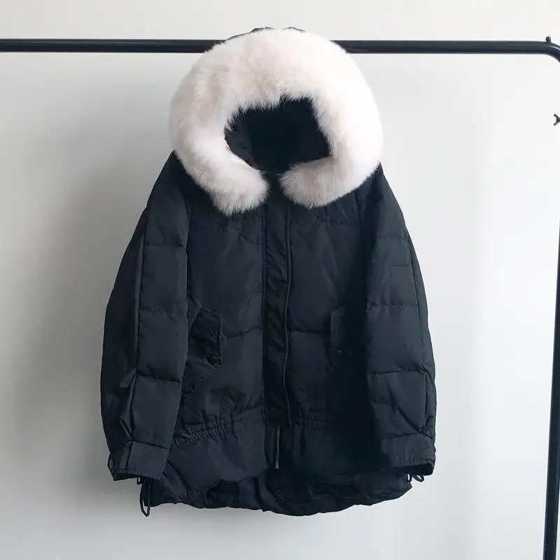 Fitaylor New Winter Large Natural Fox Fur Hooded Jacket Warm 90% White Duck Down Parka Women Loose Thickness Snow Down Outwear - Цвет: Black