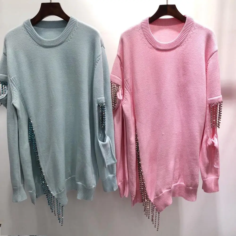 

2019FW autumn new women 100% wool knit sweater female diamonds tassel jumpers pullover 2 color ddxgz2v 8.28