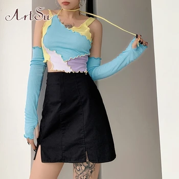 

ArtSu Patchwork Sexy Club Off Shoulder Tshirt Women Lace Up Summer Casual Ruffle Slim Sleeveless Crop Shirt Mujer Autumn TS52292