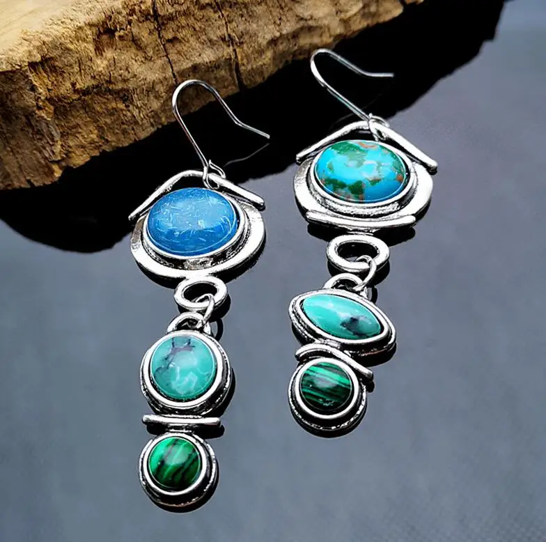 Earring D313 Трендовые Асимметричные бирюзовые длинные висячие серьги с голубым камнем Женские винтажные длинные висячие сережки oorbellen Z3D313 - Окраска металла: Earring D313