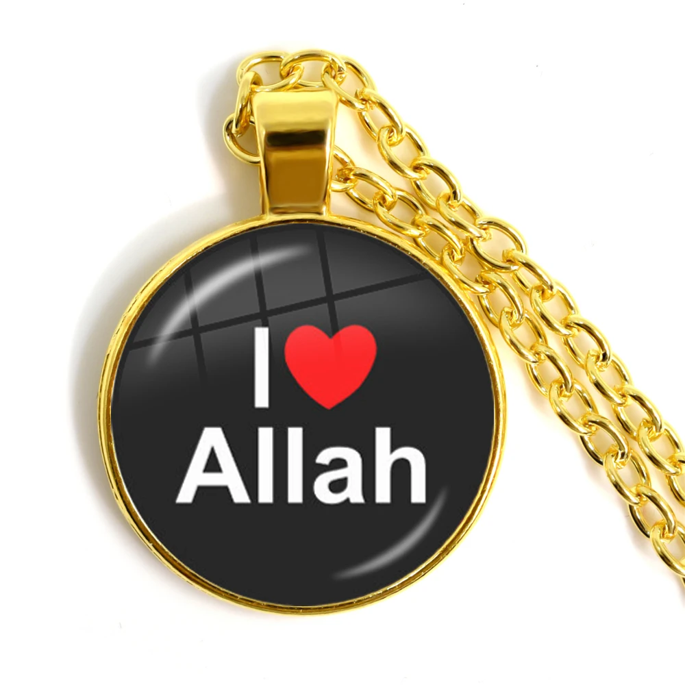 Arabic Islamic Muslim Golden-plated Necklace 25mm Glass Cabochon I Love Allah Religious Charm Pendant For Woman Men Gift | Украшения и