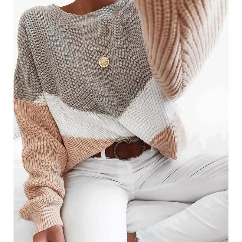

2019 Autumn Winter Knitted Oversized Sweater Women V Shape Colorblock Sweater Female Long Sleeve Jumpers Plus Size