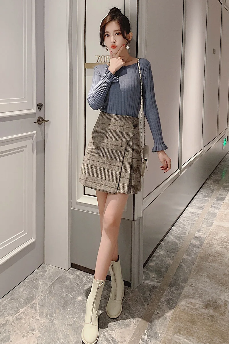 Faldas mujer moda, юбка с высокой талией для женщин, трапециевидная, на пуговицах, в клетку, официальная, Корейская, юбки для женщин, harajuku, Зимняя юбка, 7798 50