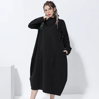 

Plus Size Long Sleeve Dress Winter Spring Women Elegant Japan Harajuku Black Simple Cocoon Contouring Triangle Neck Side Pockets