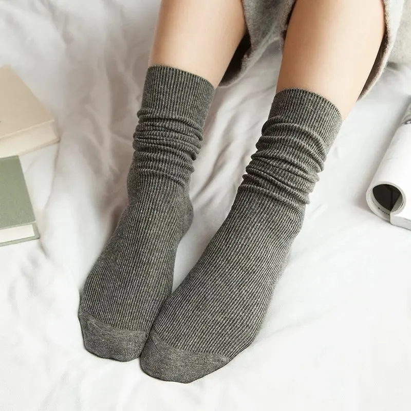 CHAOZHU  Japanese Korea High School Girls High Socks Loose Solid Colors Double Needles Knitting Cotton Long Socks Women