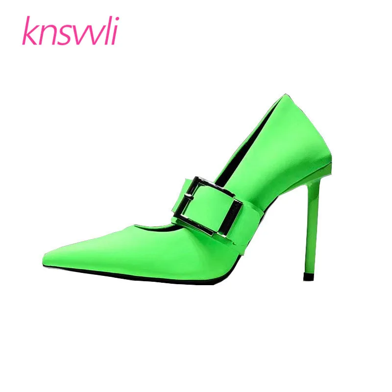 green leather heels