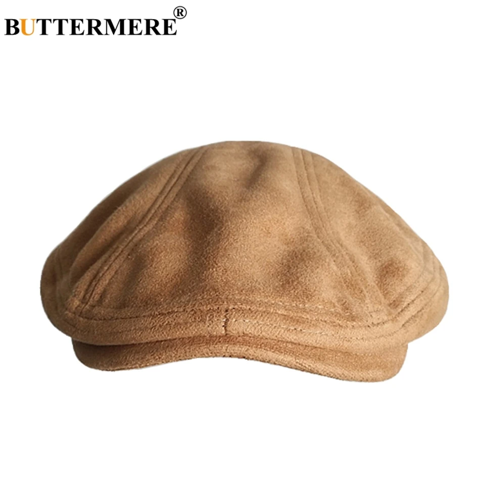 

BUTTERMERE Suede Leather Berets Women Camel Vintage Flat Caps Men Casual Warm Artistic Hat Female Autumn Winter Duckbill Ivy Cap