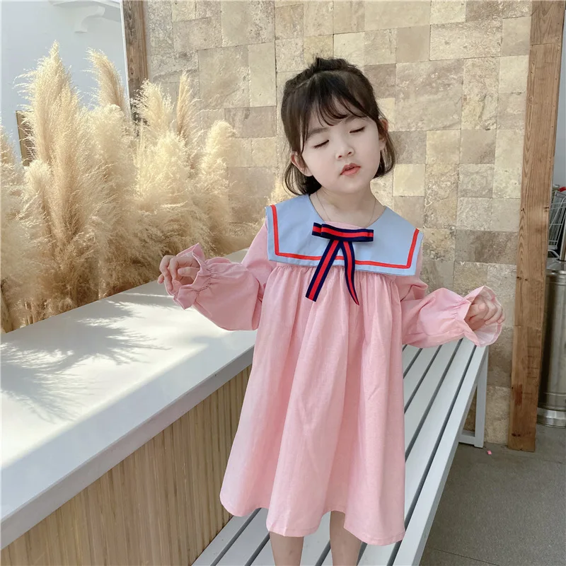 

Dropshipping Baby Girls Fashion Preppy Style Sailor Collar Long Sleeve Dress Kids Loose Princess Dresses for Toddler Wholesale
