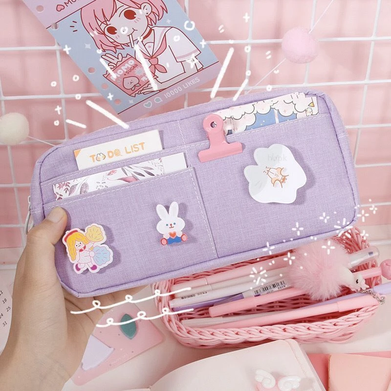 Estuche de lápices de lona púrpura Kawaii con de Animal lindo, estuches de lápices rosas, bolsas de lápices escolares grandes para niñas de soltera, suministros de papelería|Estuches escolares| - AliExpress