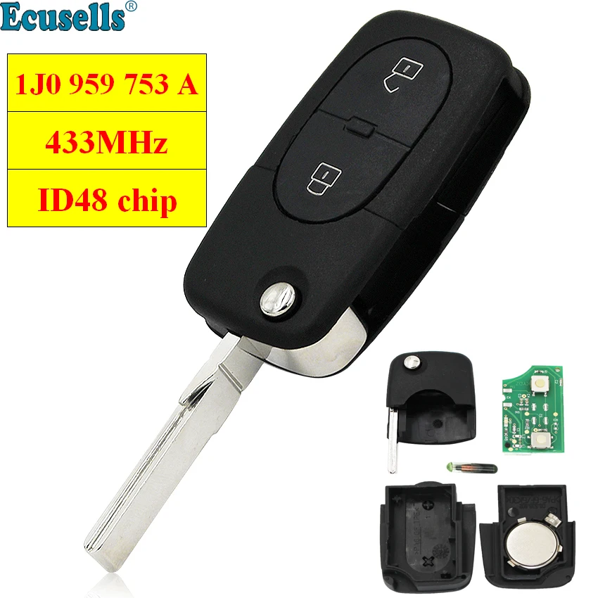 Дистанционный брелок 1J0 959 753 A 2 кнопки 433 МГц с чипом ID48 для Volkswagen Bora Golf Beetle Polo Passat