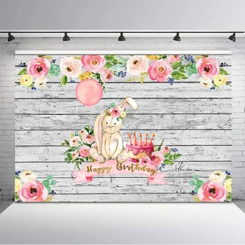 

Cute Rabbit Happy Birthday Backdrop White Rustic Wood Pink Flowers Cake Photo Backgrounds Dessert Table Decor Bnaner Backdrops