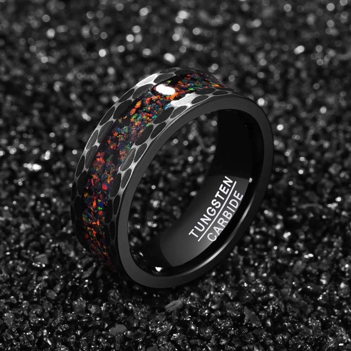 Edge Batch Flower Brushed Inlaid Opal Men's Tungsten Carbide Ring Black Carbon Bague Homme for Mariage Wedding Jewelry