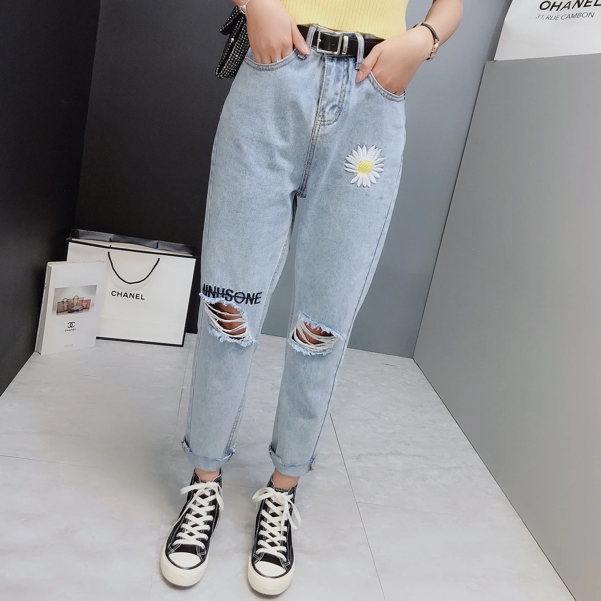 Jeans Woman High Waist Plus Size Holes Fat Mm 100KG Loose Thin Harem Ankle-Length Pants Jeans Women 2020