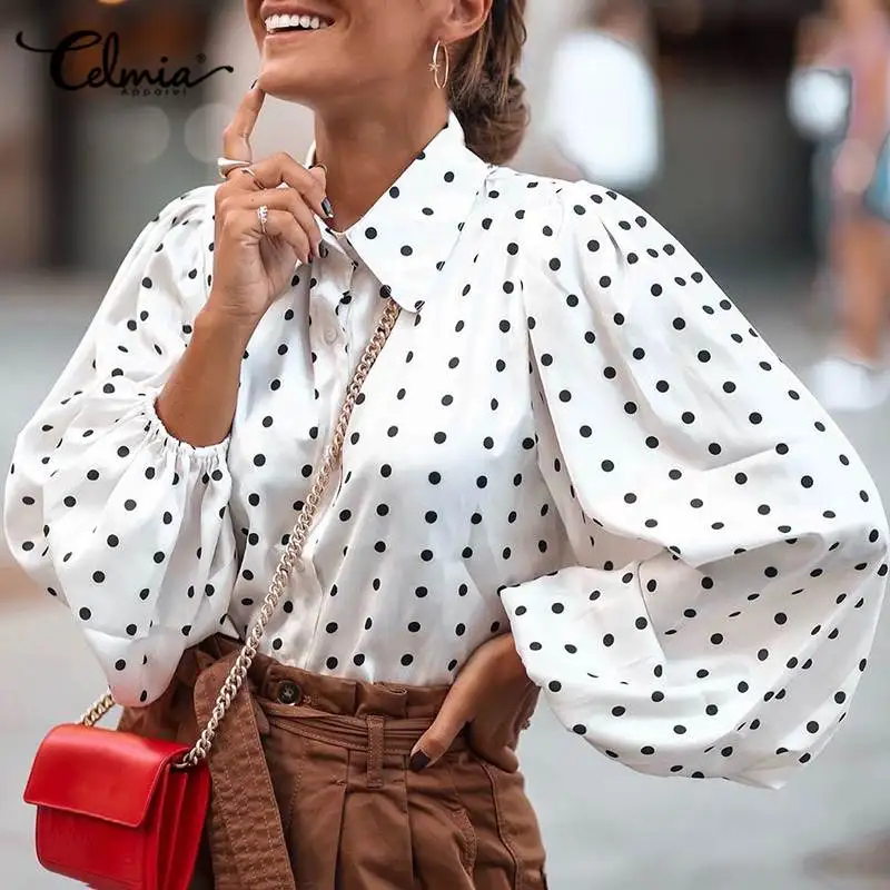 Блузка Celmia Женская в горошек элегантная офисная рубашка с длинным