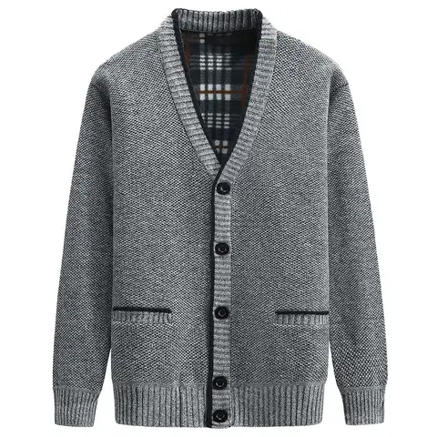Autumn Winter Men's Cardigan Sweater Fashion Men's Plaid Sweater V-neck Cardiganthickening Plus Velvet Knitted Outwear