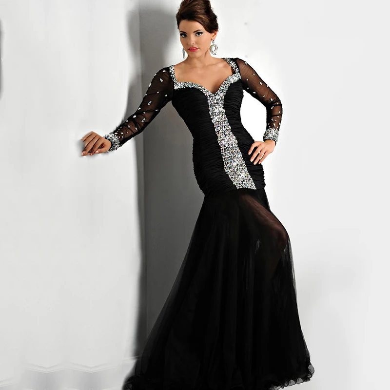 

Plus Size Evening Dresses 2020 Sweetheart Beaded with Crystals Pleats Long Sleeves Prom Dresses Backless Chiffon Party Gowns