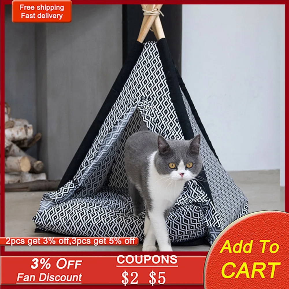 

New Canvas Pet House Soft Pet Tent For Dogs Puppy Cat Bed Teepee Nest Cat Shed Dog Tent Kennel With Cushion Cute Pet Supplies