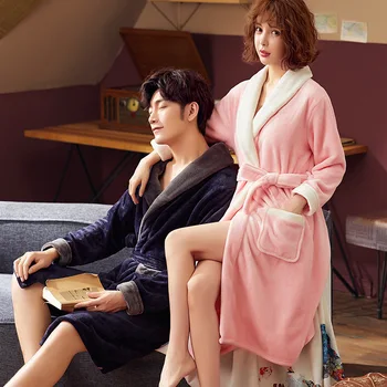 

Couple Night Robe Flannel Warm Winter Men Women Solid Lapel Kimono Pajamas Night Wear Gown Sleepwear Long Sleeved Pocket Coat
