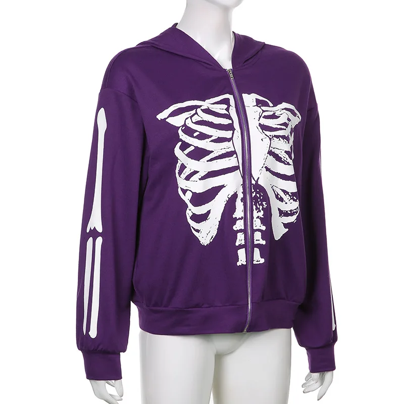 Skeleton Hoodie Skull Print Black Red 