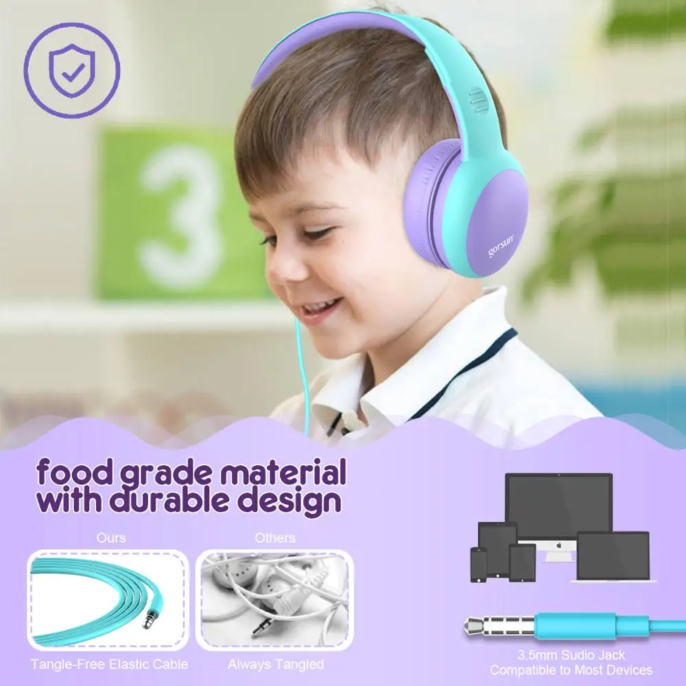 gorsun Kids Headphones with limited volume Children Headphone with decorative ears Ear for boys and girls Wired Headset
