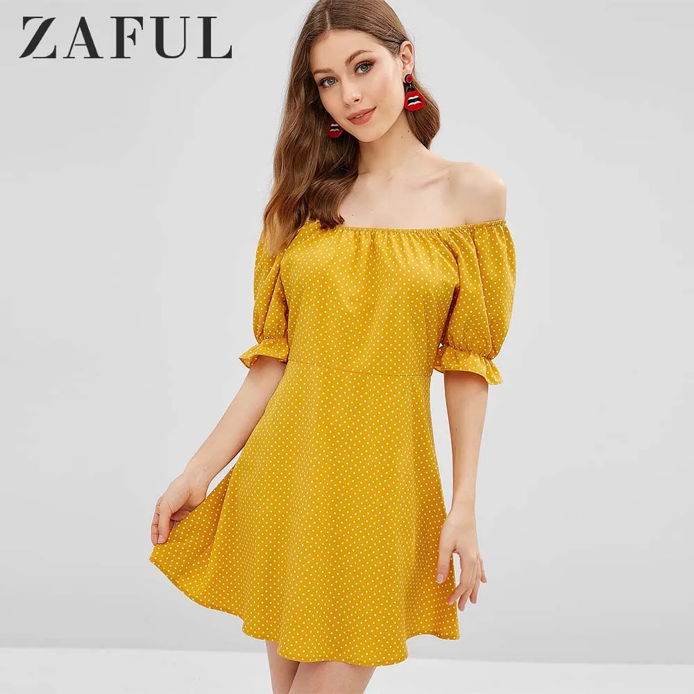 ZAFUL/платье в горошек с открытыми плечами и оборками Короткие рукава