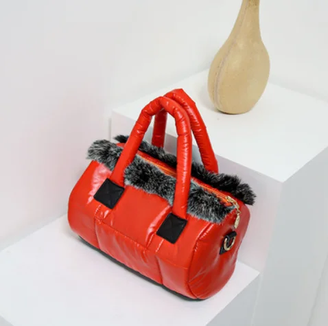 Down bag winter new women's bag space cotton bag rabbit fur fur bag shoulder Messenger bag luxury women designer handbags - Цвет: 2