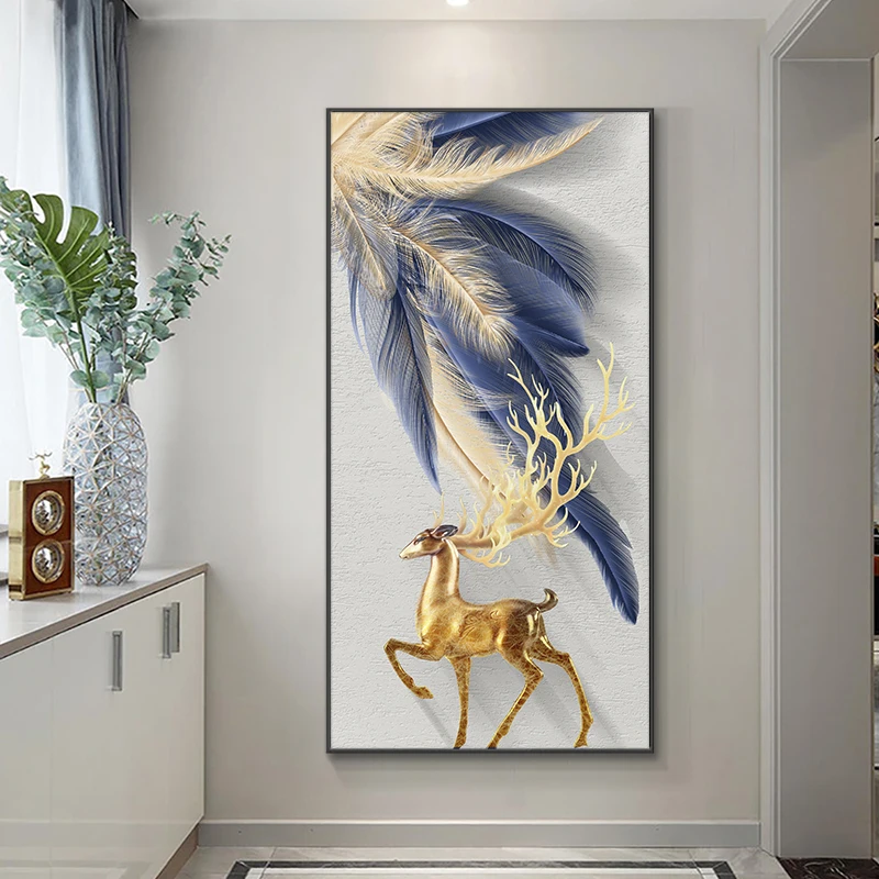 

Golden Deer And Feather Canvas Painting Modern Nordic Posters And Prints Wall Art Picture For Living Room Home Decoration